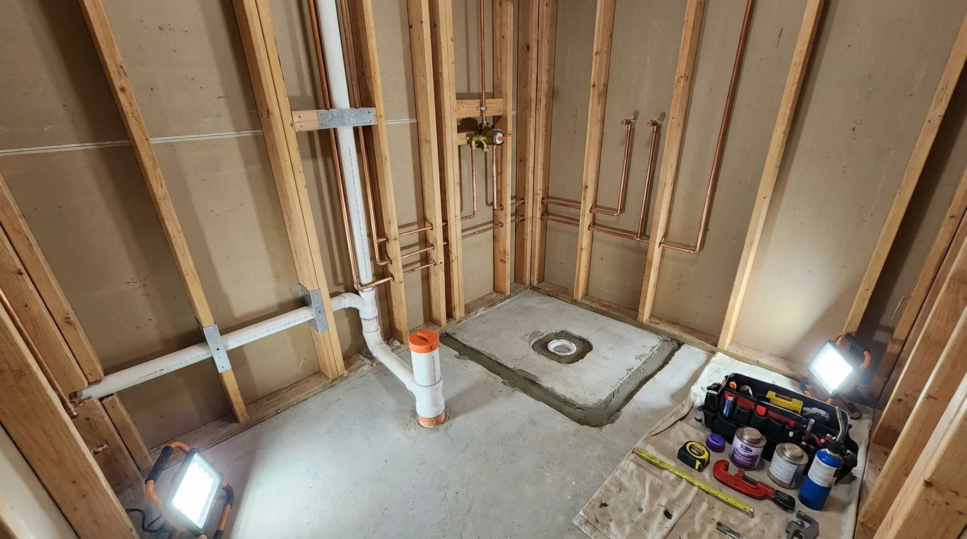 Bathroom rough-in plumbing during remodel by Johns Plumbing LLC in Middle Village