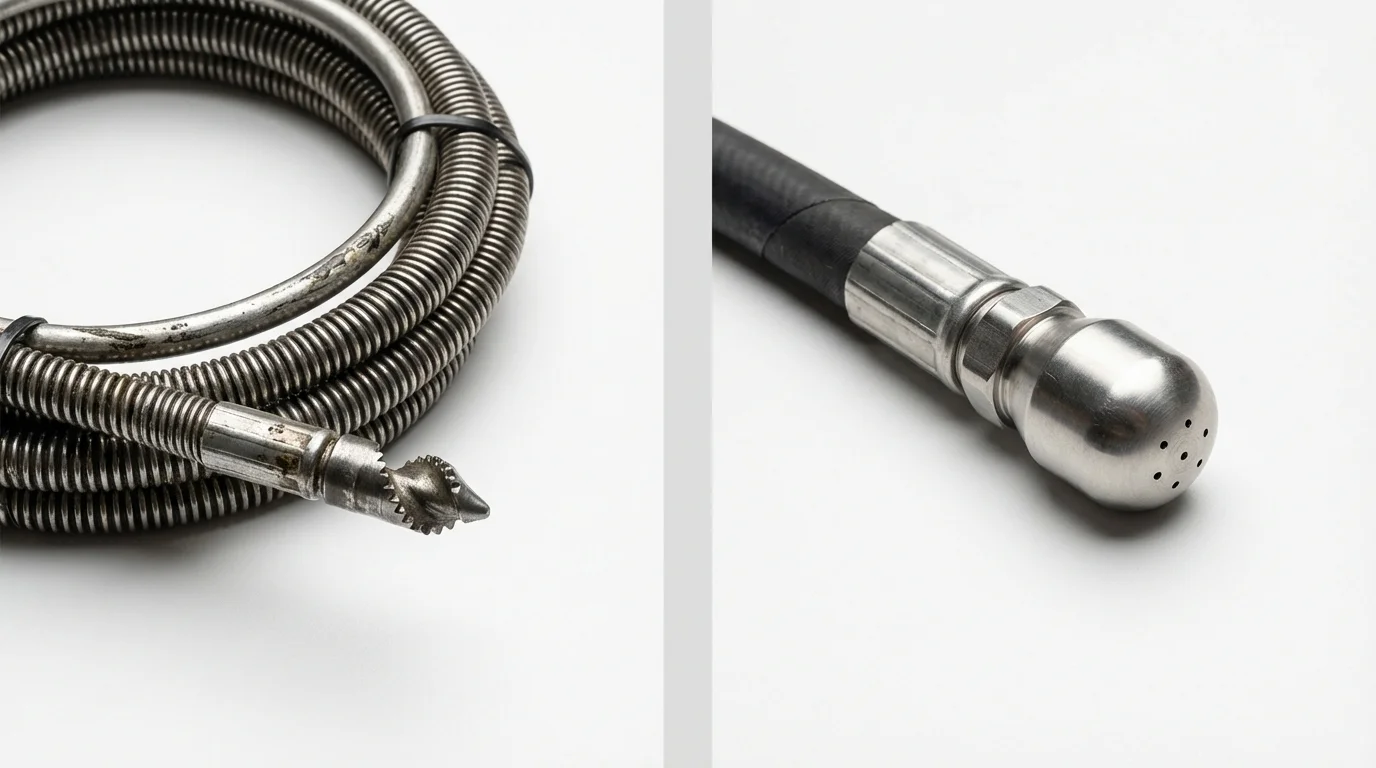 Drain snake cable and hydro jetting nozzle used for drain cleaning in Middle Village, NY