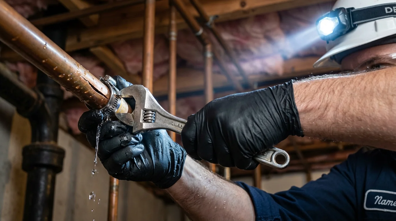 Emergency pipe clamp repair being performed by a Johns Plumbing LLC plumber in Middle Village