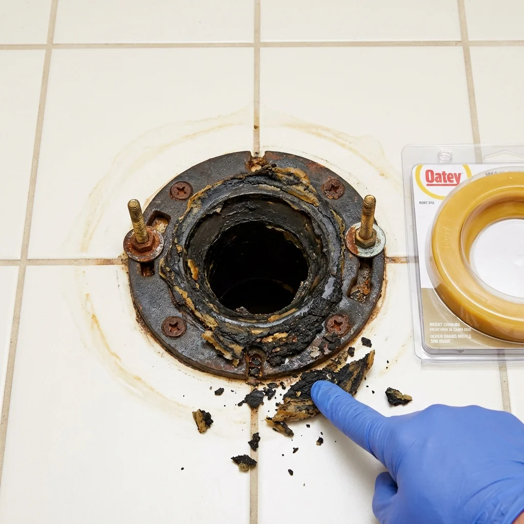 Failed wax ring showing water seepage at the base of a toilet in a Middle Village, NY home