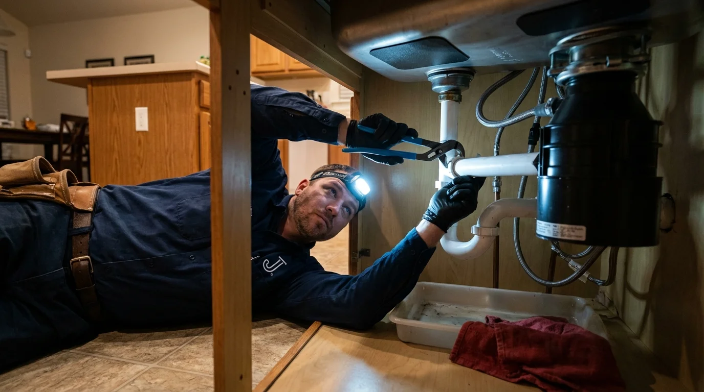 P-trap and supply line connections under a kitchen sink showing a common leak point in Middle Village, NY
